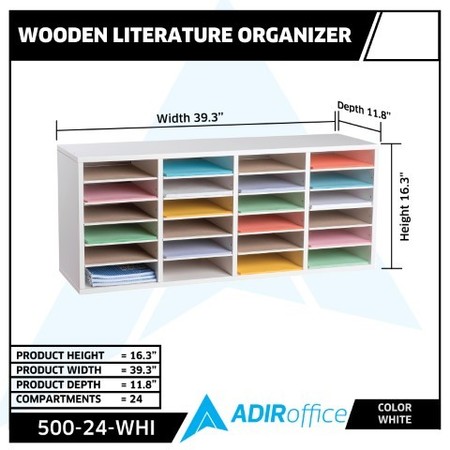 Adiroffice 24-Compartment Wood Adjustable Paper Sorter Literature File Organizer, White ADI500-24-WHI